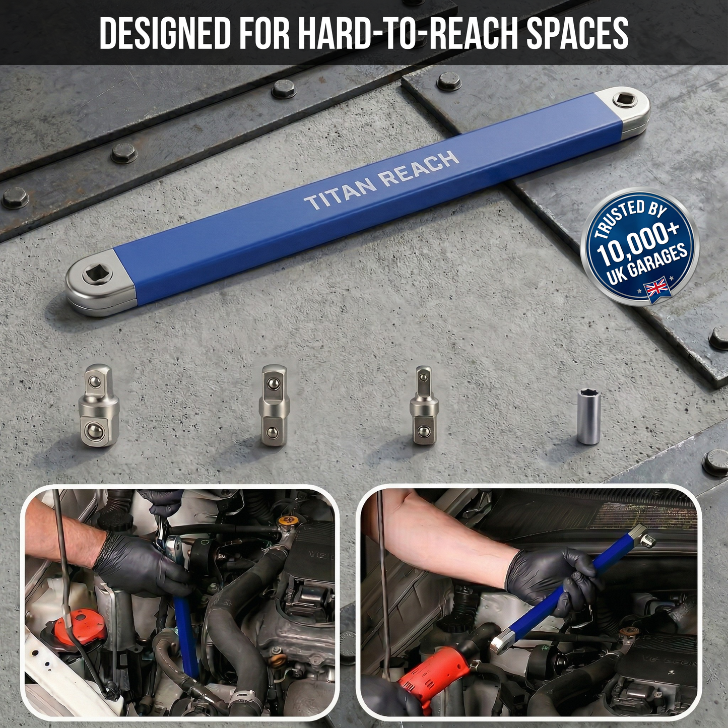 Blue Offset Extension Wrench with 'Titan Reach' branding on a gray background, featuring additional tools and usage examples.
